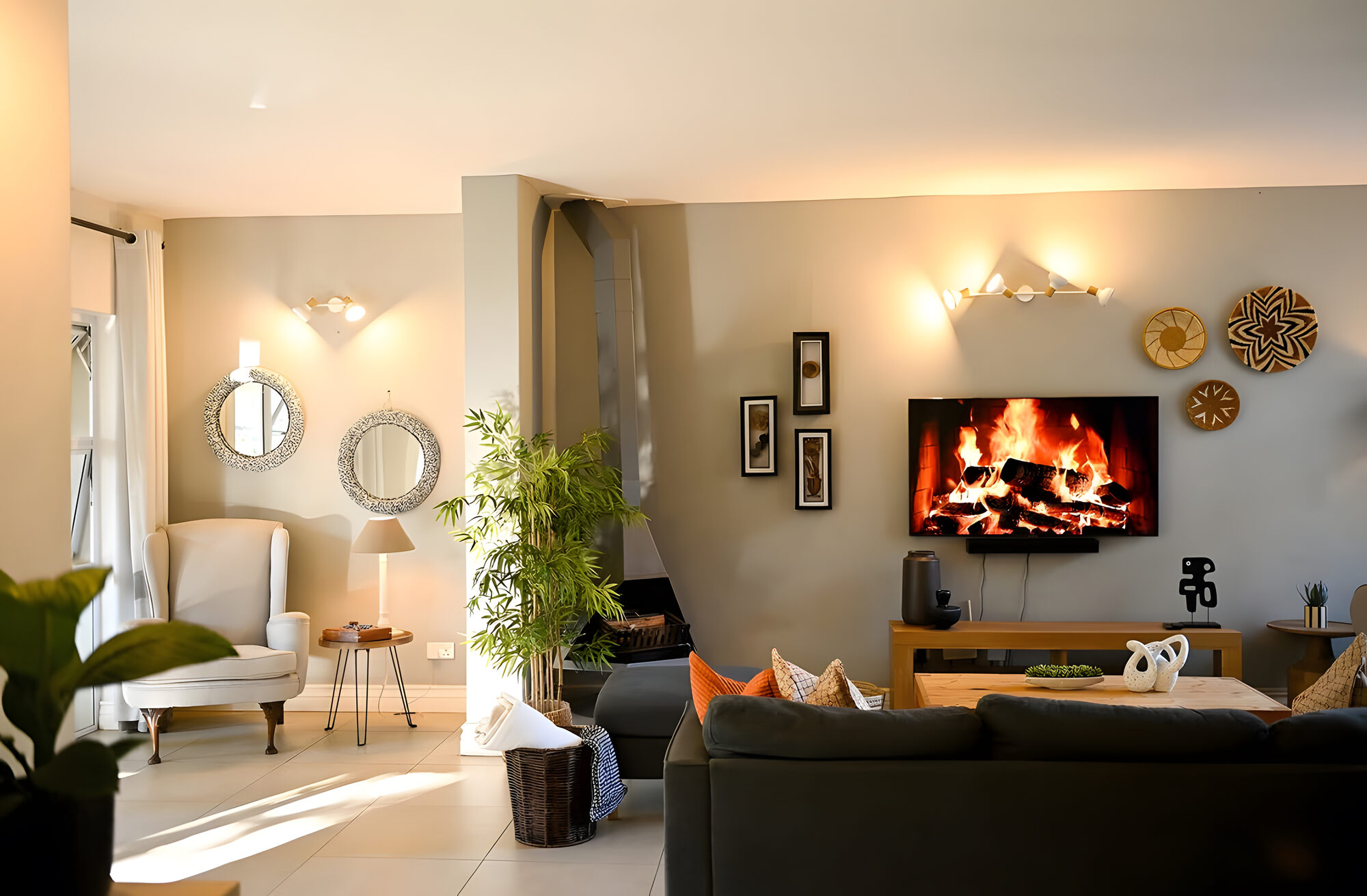 Open-plan living room with fireplace